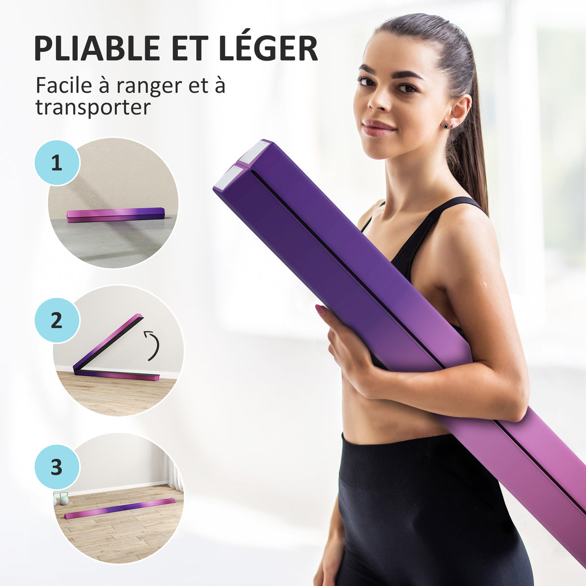 Poutre de gymnastique pliable fond antidérapant, poignée de transport, 236 x 10/15 x 6,5 cm violet et rose-3