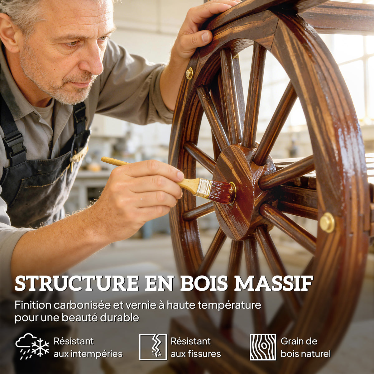 Chaise de Jardin en Bois, Style Roue de Chariot, Siège Large à Lattes, Dossier Incliné, 66x55x90cm, Finition Carbonisée-4