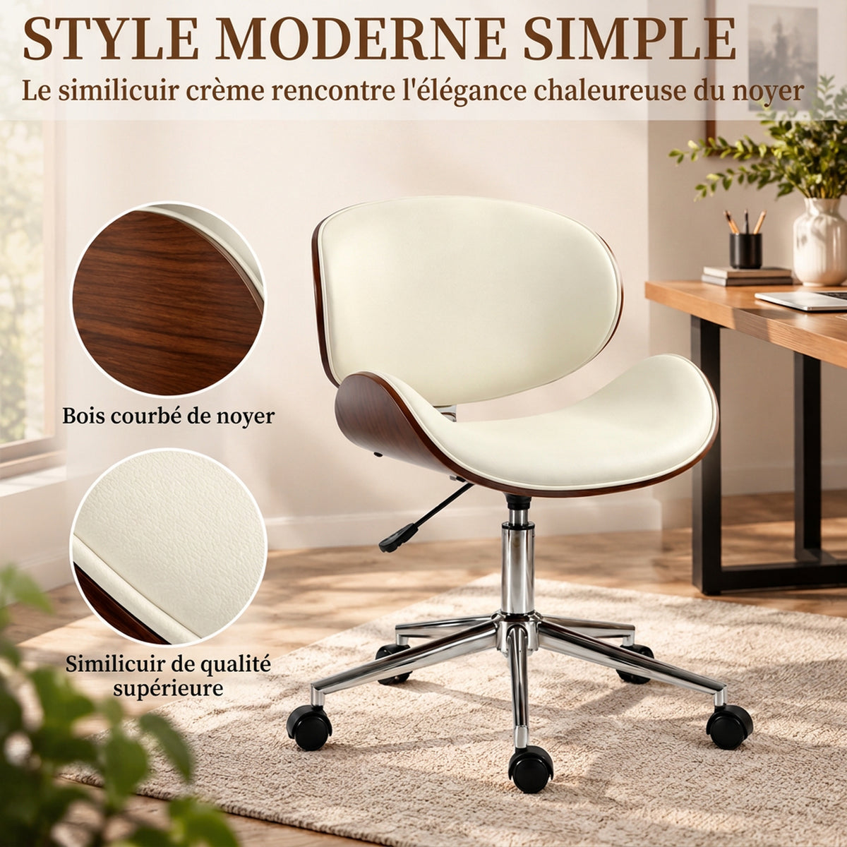 Chaise de Bureau Design Vintage, Hauteur Réglable, Pivotant 360°, Revêtement Synthétique, 53x53x87cm, Crème-3
