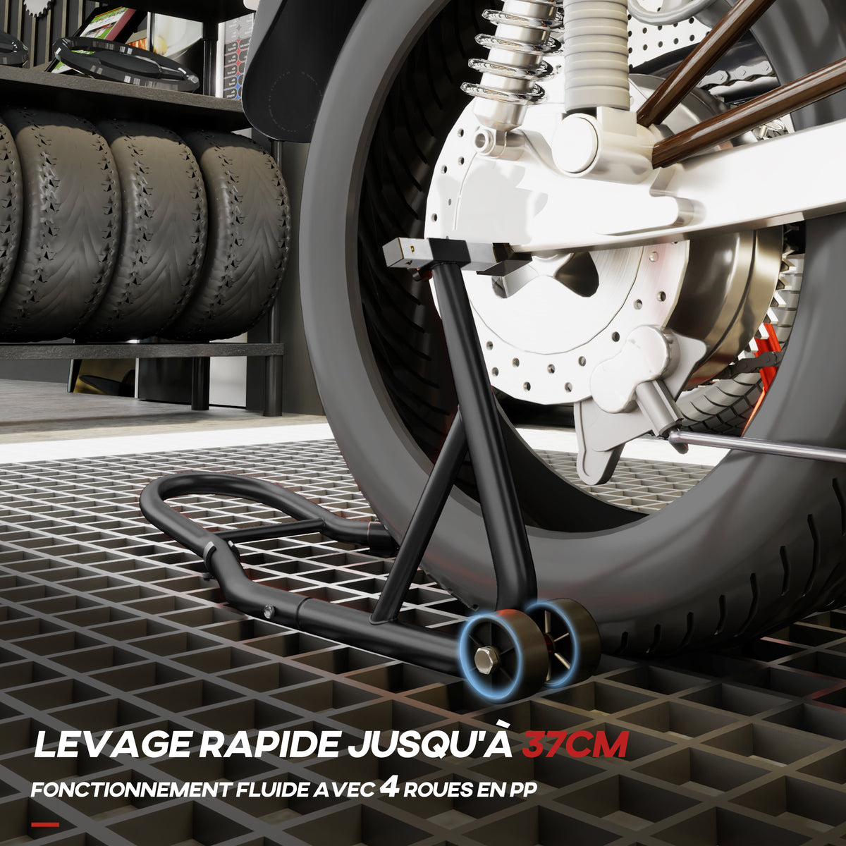 Support béquille de moto arrière support de roue lève moto arrière sur roulettes avec bobine de bras oscillant U, noir-4