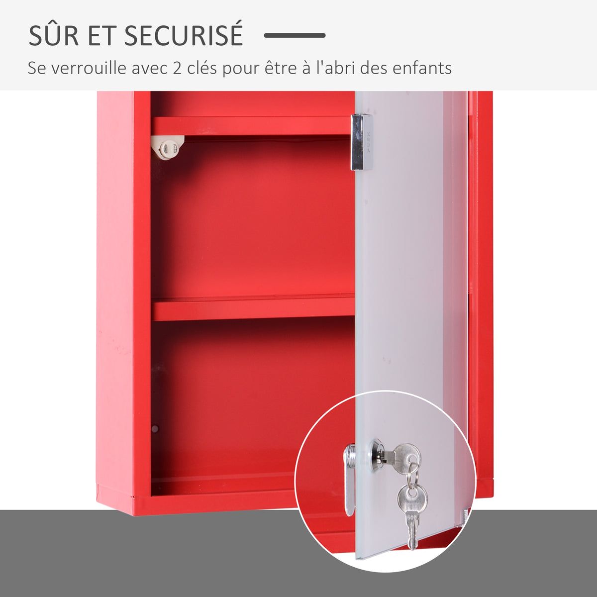 Armoire à Pharmacie 3 étagères 4 Niveaux verrouillable Porte Verre trempé dépoli Logo Croix 30L x 12l x 60H cm Acier Rouge-4