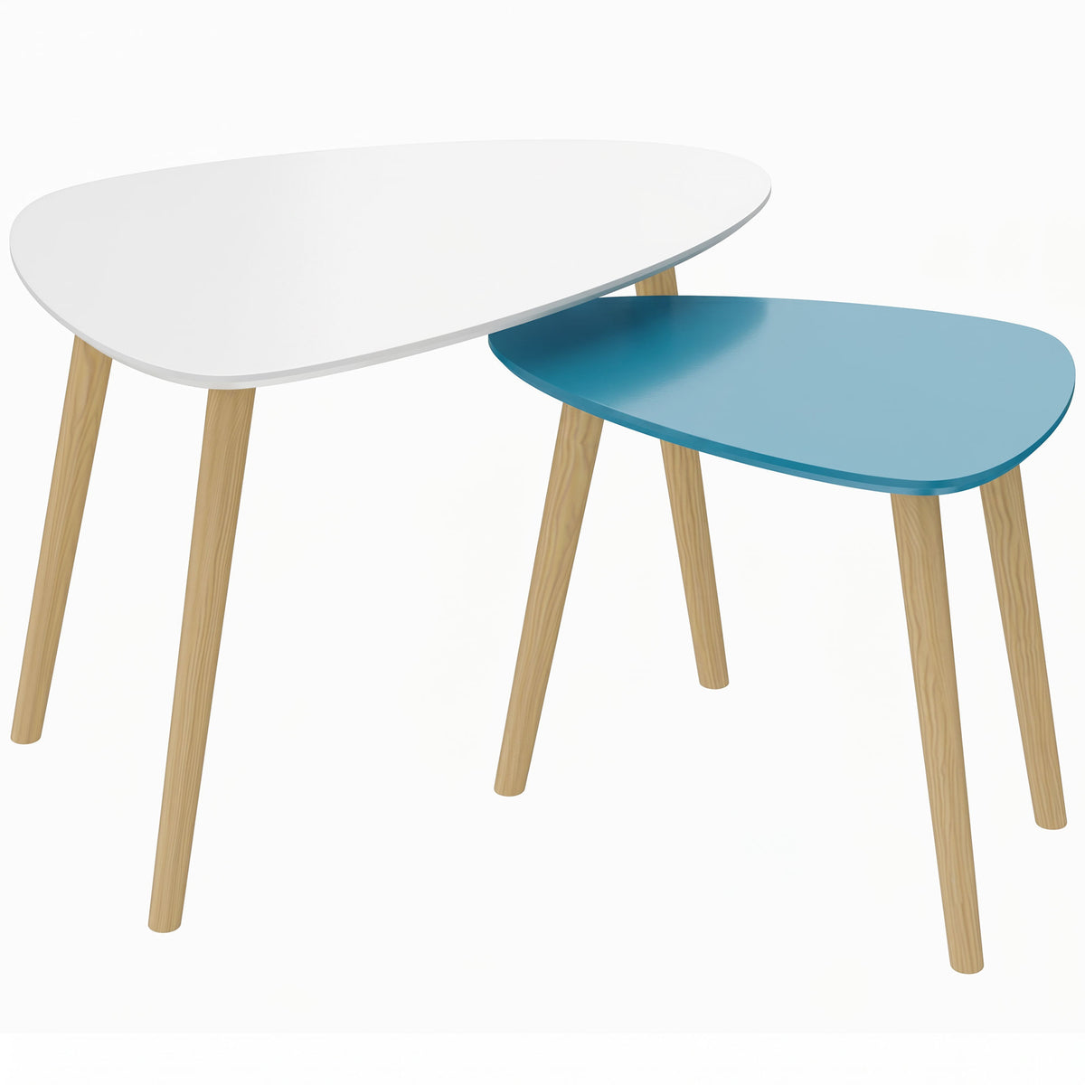Lot de 2 tables basses gigognes design scandinave pieds en bois et plateau en bois, blanc et bleu-0