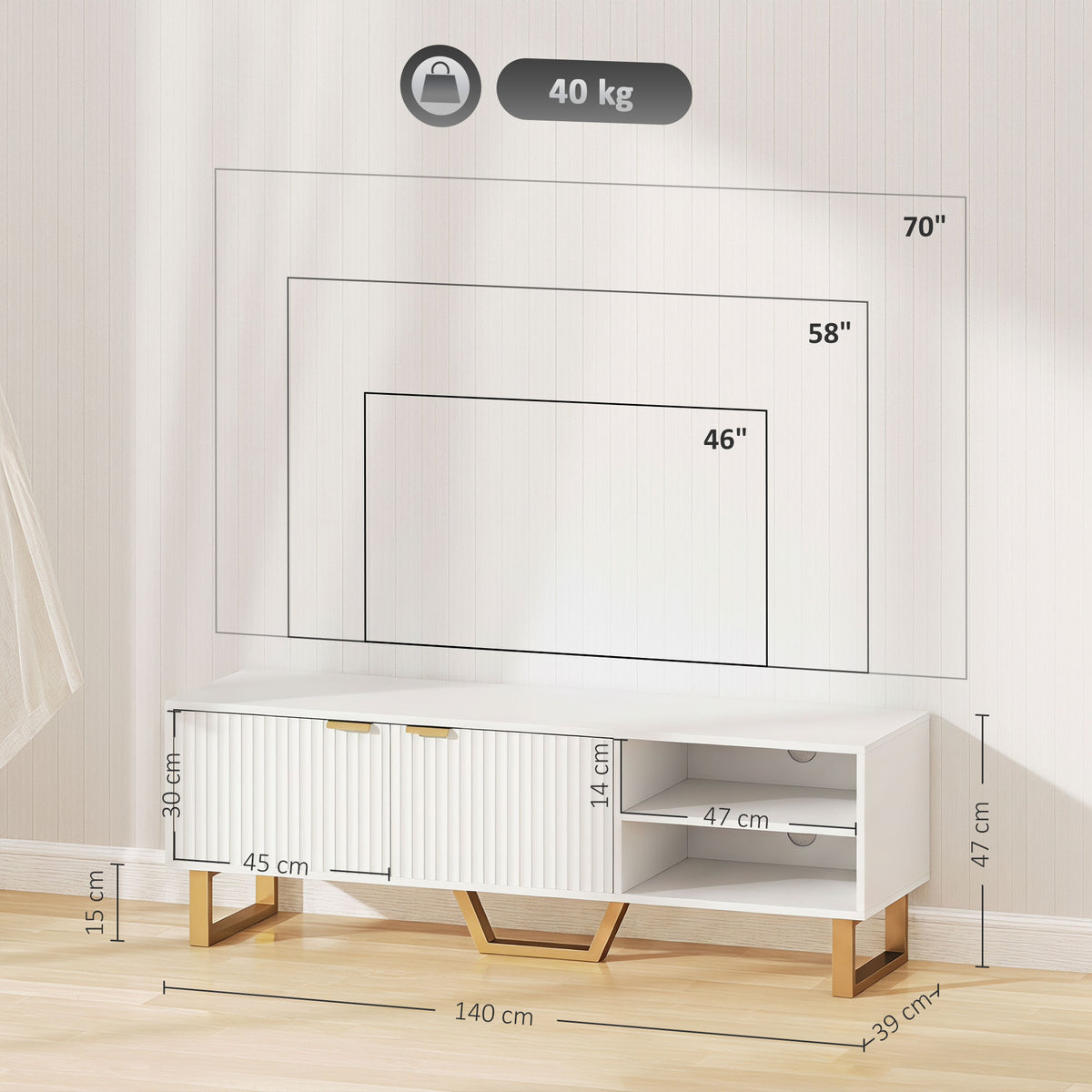 Meuble TV banc TV pour téléviseur jusqu'à 70 pouces - placard à 2 portes cannelées, compartiment ouvert et passe-câbles-2