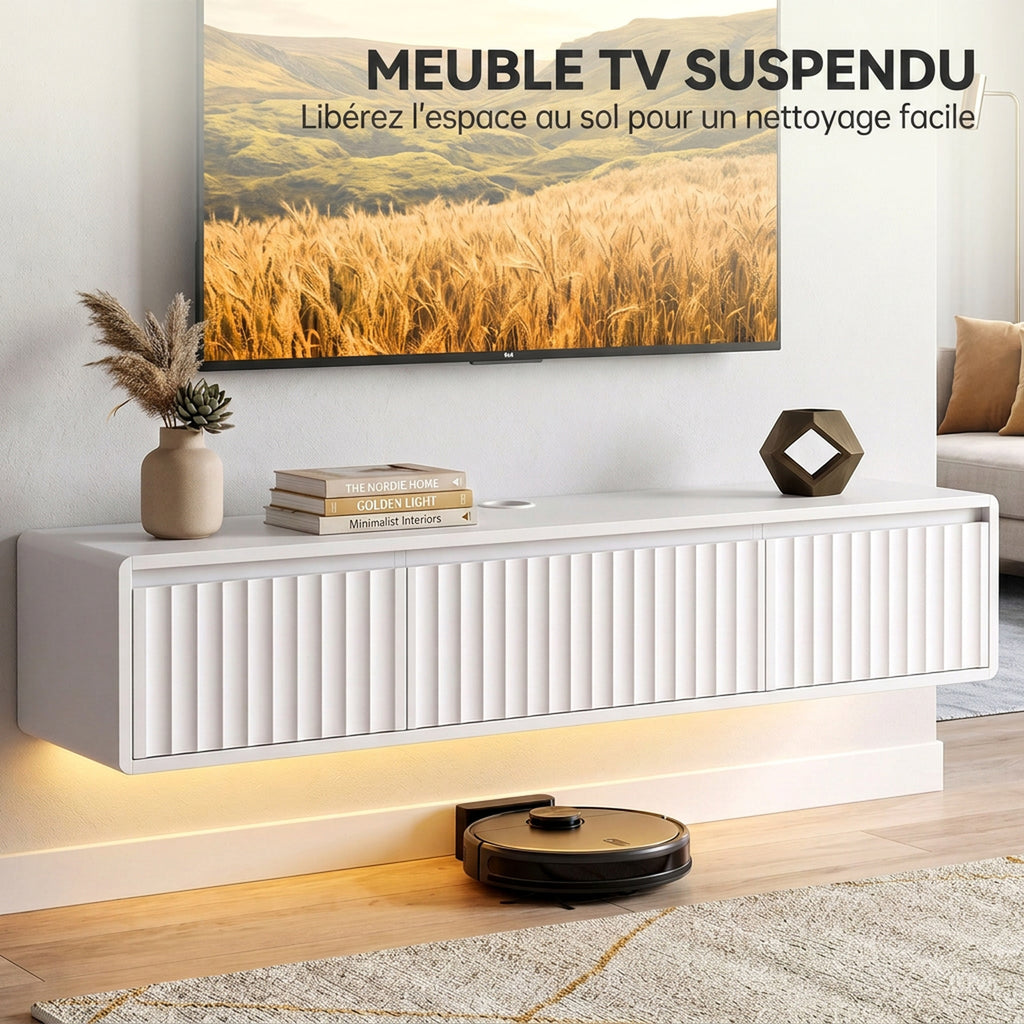 Meuble TV Suspendu Flottant 120 cm avec Éclairage LED et Prises, Meuble Télé pour Téléviseur 65 Pouces, Blanc-3