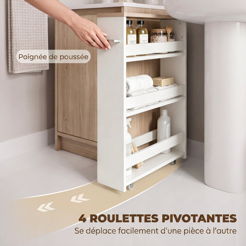Chariot de rangement à 3 niveaux chariot de stockage étagère sur roulettes pour cuisine étroite salle de bain buanderie bureau avec poignée - 48 x 15 x 80 cm blanc-4