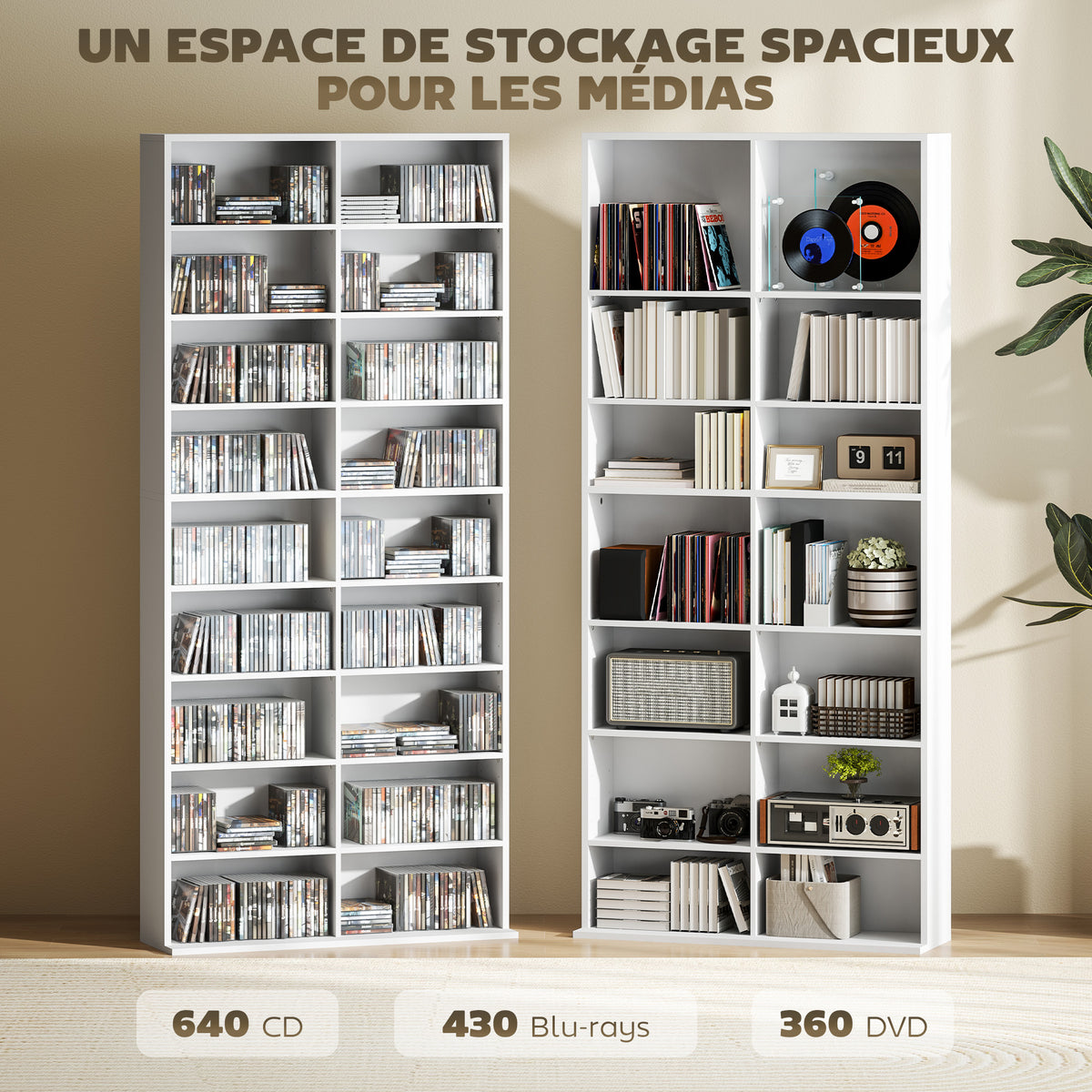 Rangements pour CD et DVD 18 compartiments capacité max. 640 CD/360 DVD 430 Blu-ray 78,5 x 24 x 175 cm blanc-3