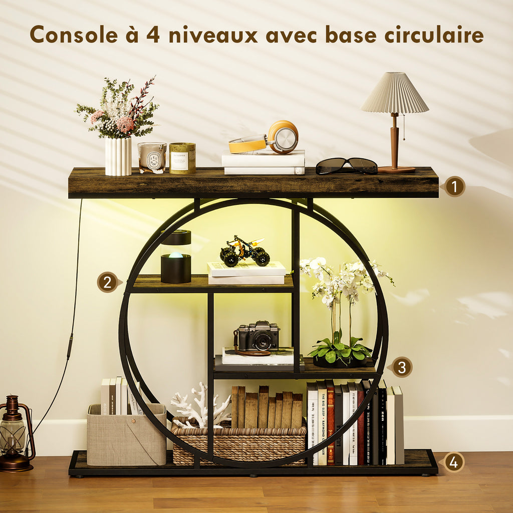 Console meuble avec éclairage LED 100 cm, table console à 4 niveaux avec étagères ouvertes, marron rustique et noir-4