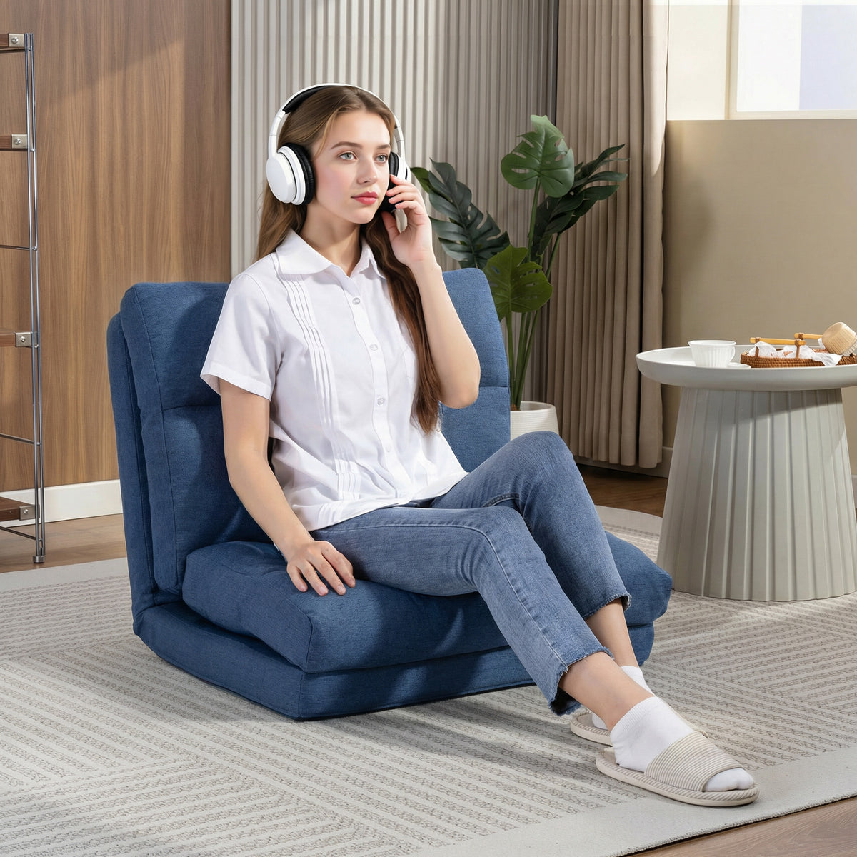 Fauteuil de sol canapé paresseux fauteuil convertible en lit inclinable 90° à 180° tissu - 70 x 72 x 56 cm - bleu foncé-9