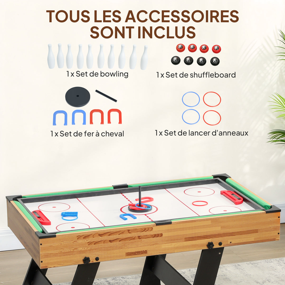 Table multijeux 13 en 1 pliable, table de jeu baby-foot, billard, pour enfants et adultes 120 x 106 x 82 cm noyer clair-8