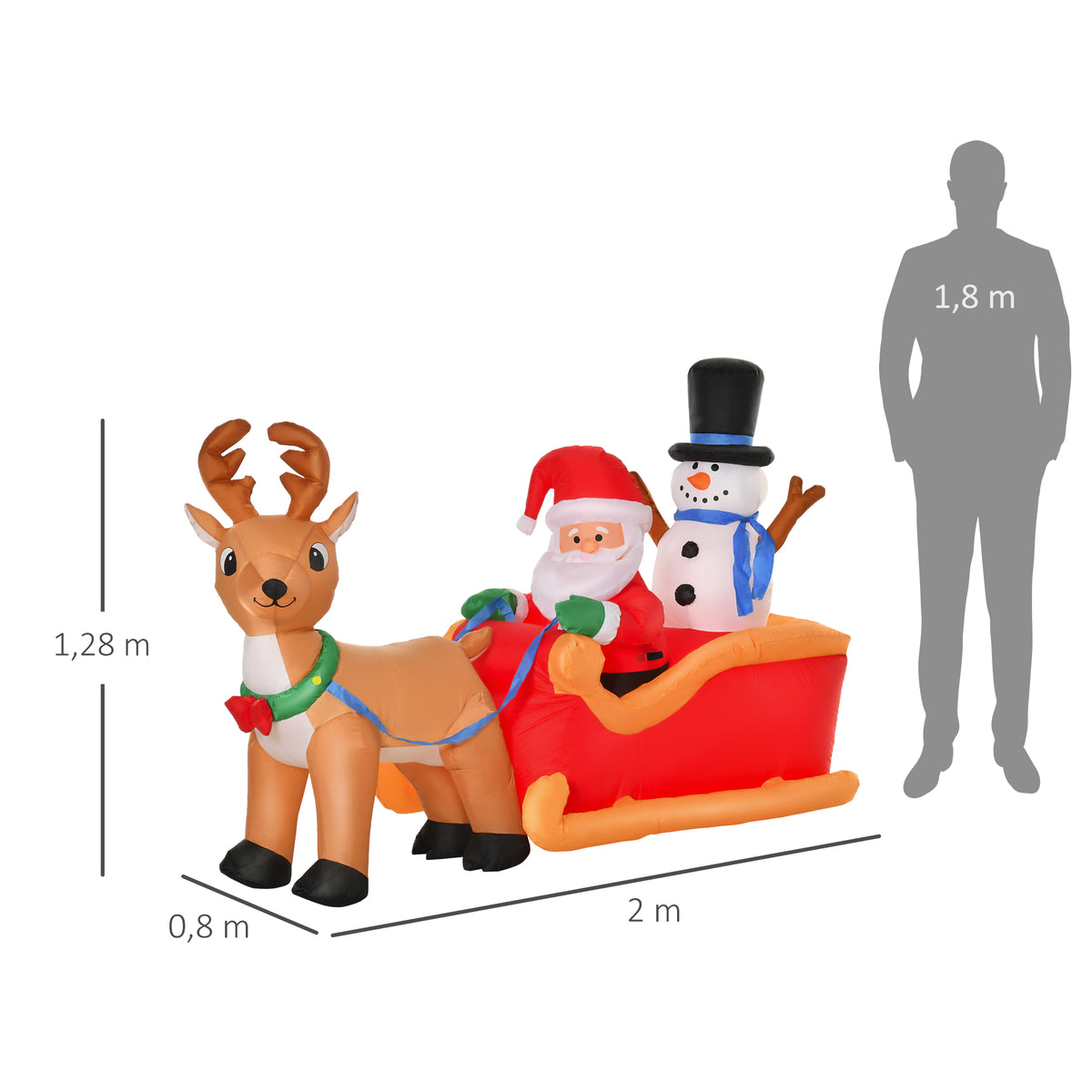 Père Noël gonflable avec traîneau et rennes 200 cm 5 lumières LED décoration de Noël intérieure et extérieure rouge-2
