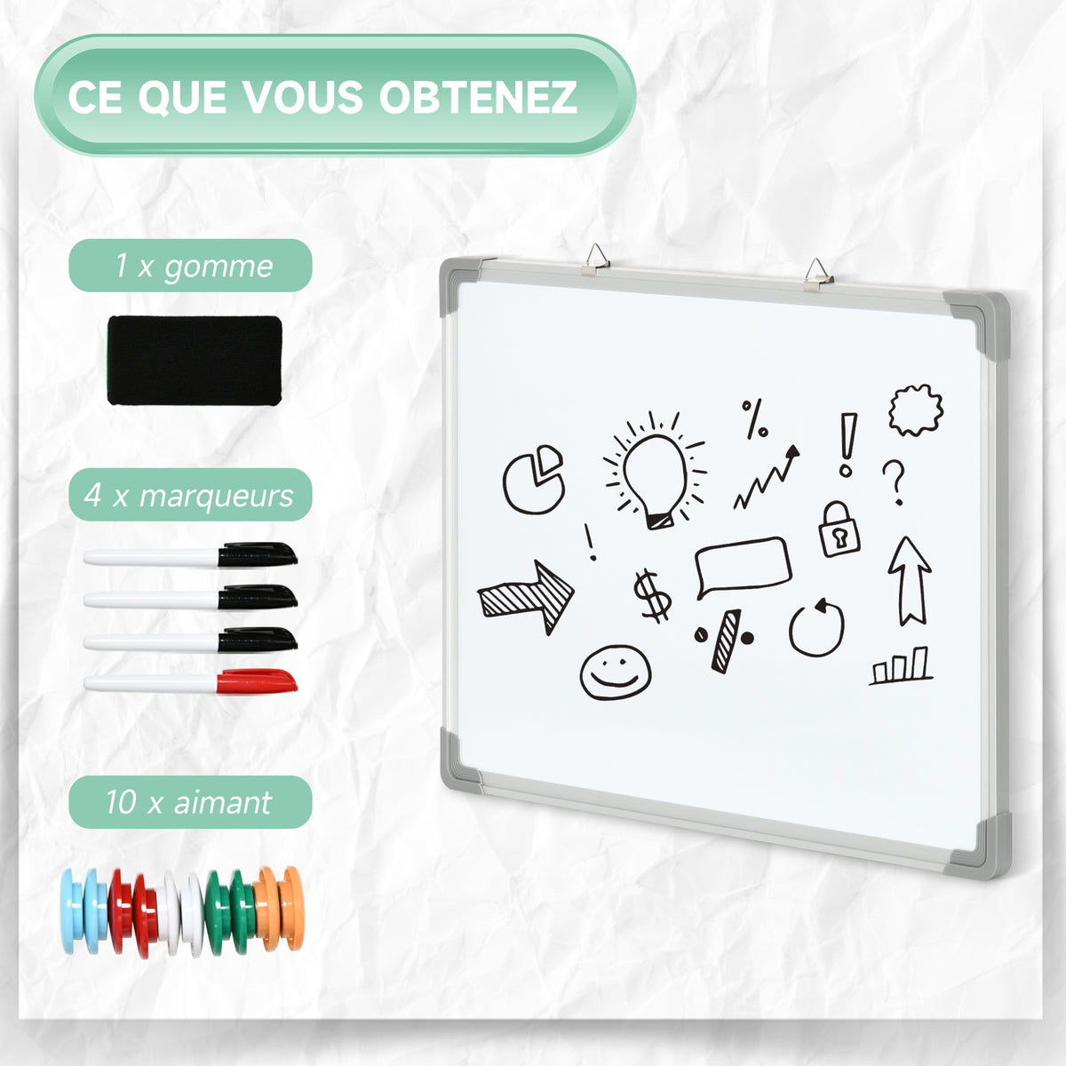 Tableau blanc magnétique cadre aluminium 60 x 45 cm avec feutres, effaceur et aimants-4