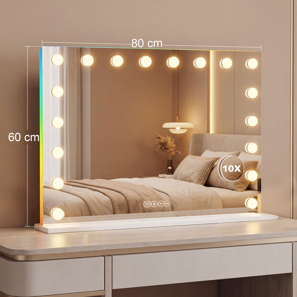 Miroir maquillage Hollywood 18 ampoules LED, 3 couleurs d'éclairage, lumière RGB, haut-parleur Bluetooth, blanc-2