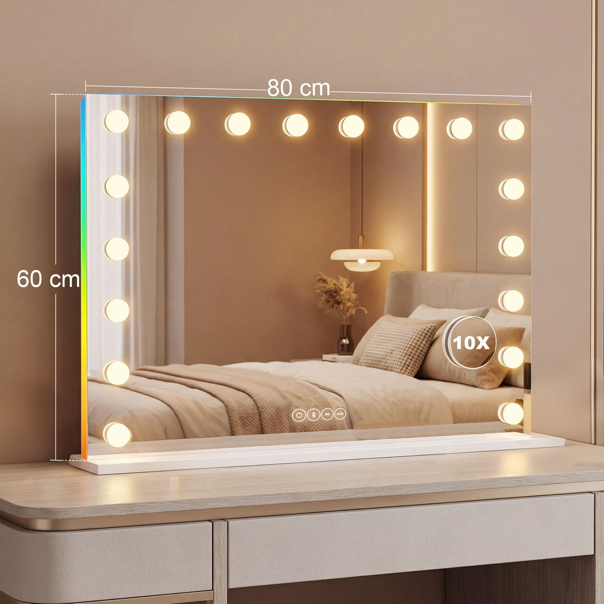 Miroir maquillage Hollywood 18 ampoules LED, 3 couleurs d'éclairage, lumière RGB, haut-parleur Bluetooth, blanc-2