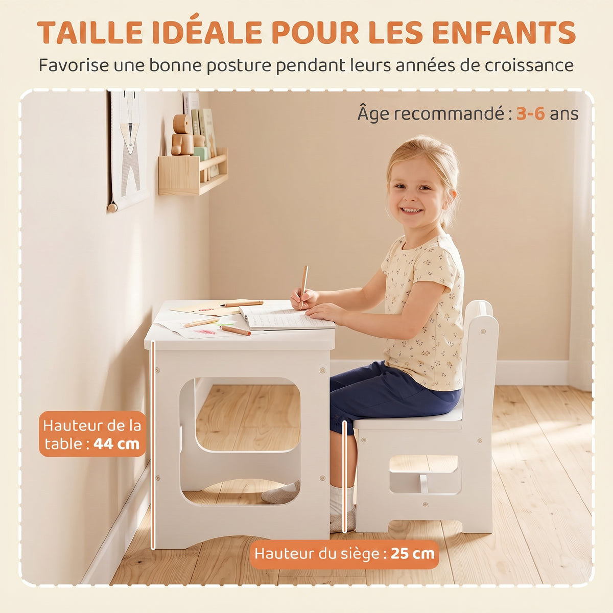 Bureau et Chaise pour Enfant avec Plateau Réversible Tableau Noir, 3 à 6 Ans, Blanc-4