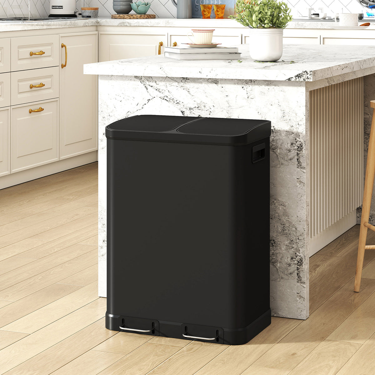 Poubelle de cuisine à double compartiment 2 x 30L avec pédale en acier inoxydable, couvercle à fermeture douce, noir-1