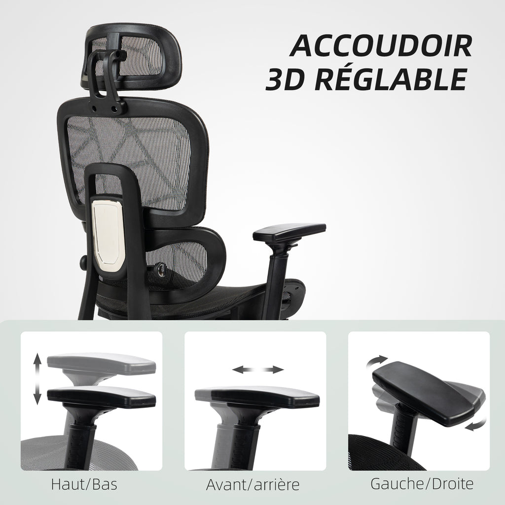 Fauteuil de bureau, chaise de bureau ergonomique en maille avec accoudoirs 3D, dossier inclinable, 66x64x122 cm, noir-6