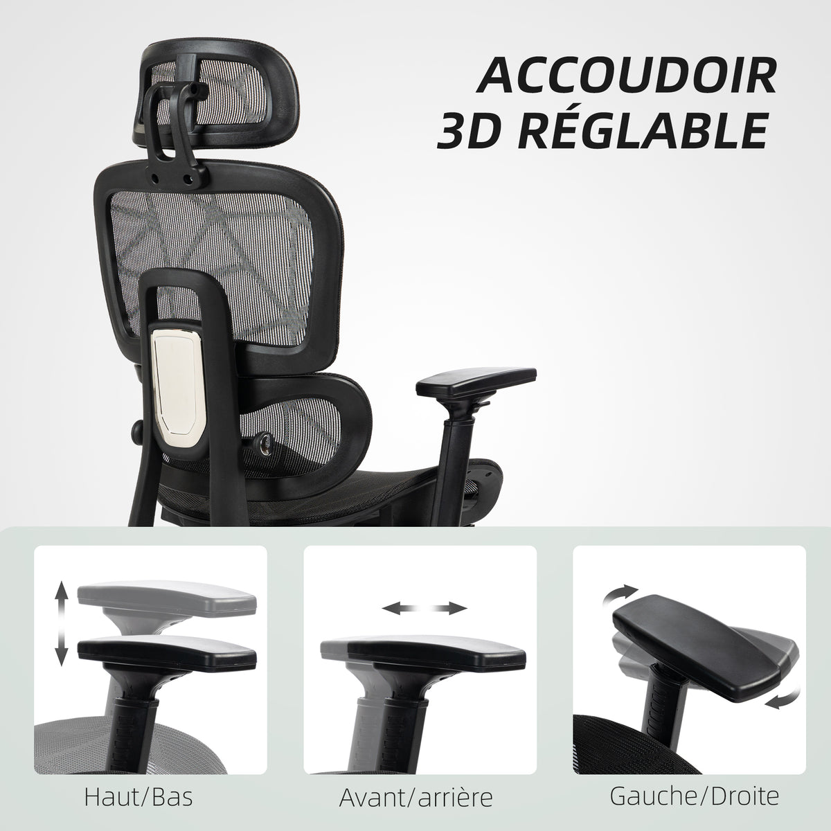 Fauteuil de bureau, chaise de bureau ergonomique en maille avec accoudoirs 3D, dossier inclinable, 66x64x122 cm, noir-6