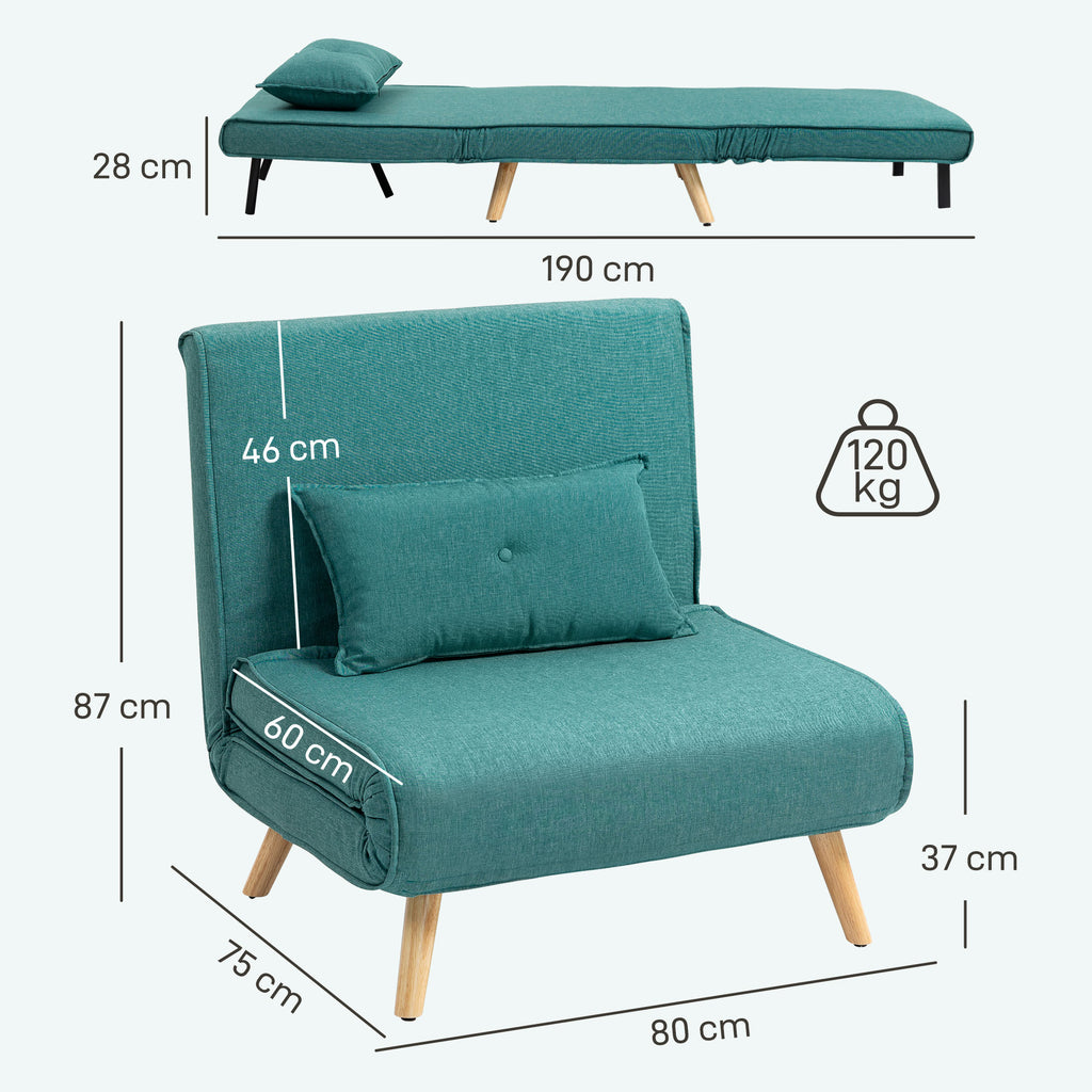 Fauteuil convertible 1 place canapé-lit clic-clac 3 en 1 avec dossier réglable en 5 positions, oreiller inclus, vert-2
