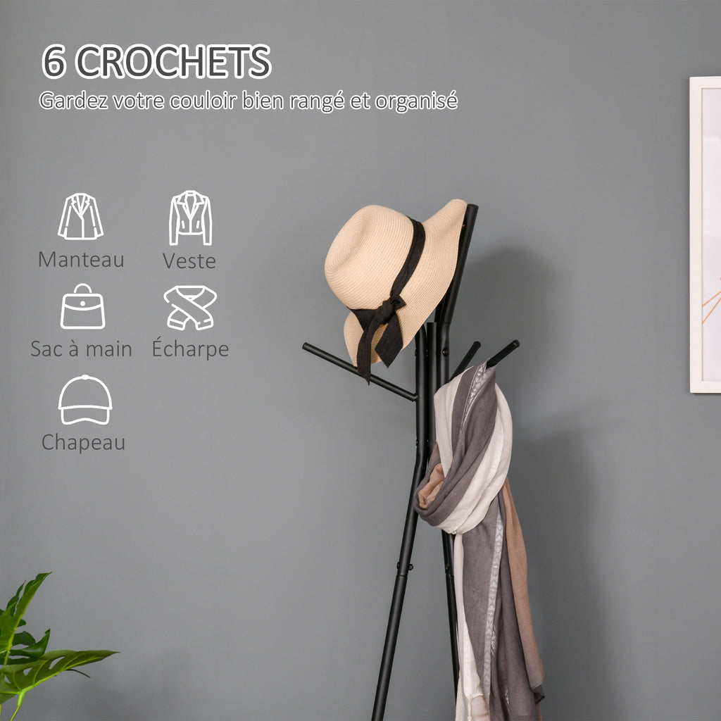 Porte-manteau trépied style industriel branches 2 étagères + 6 patères dim. 52L x 46l x 182H cm métal noir-3