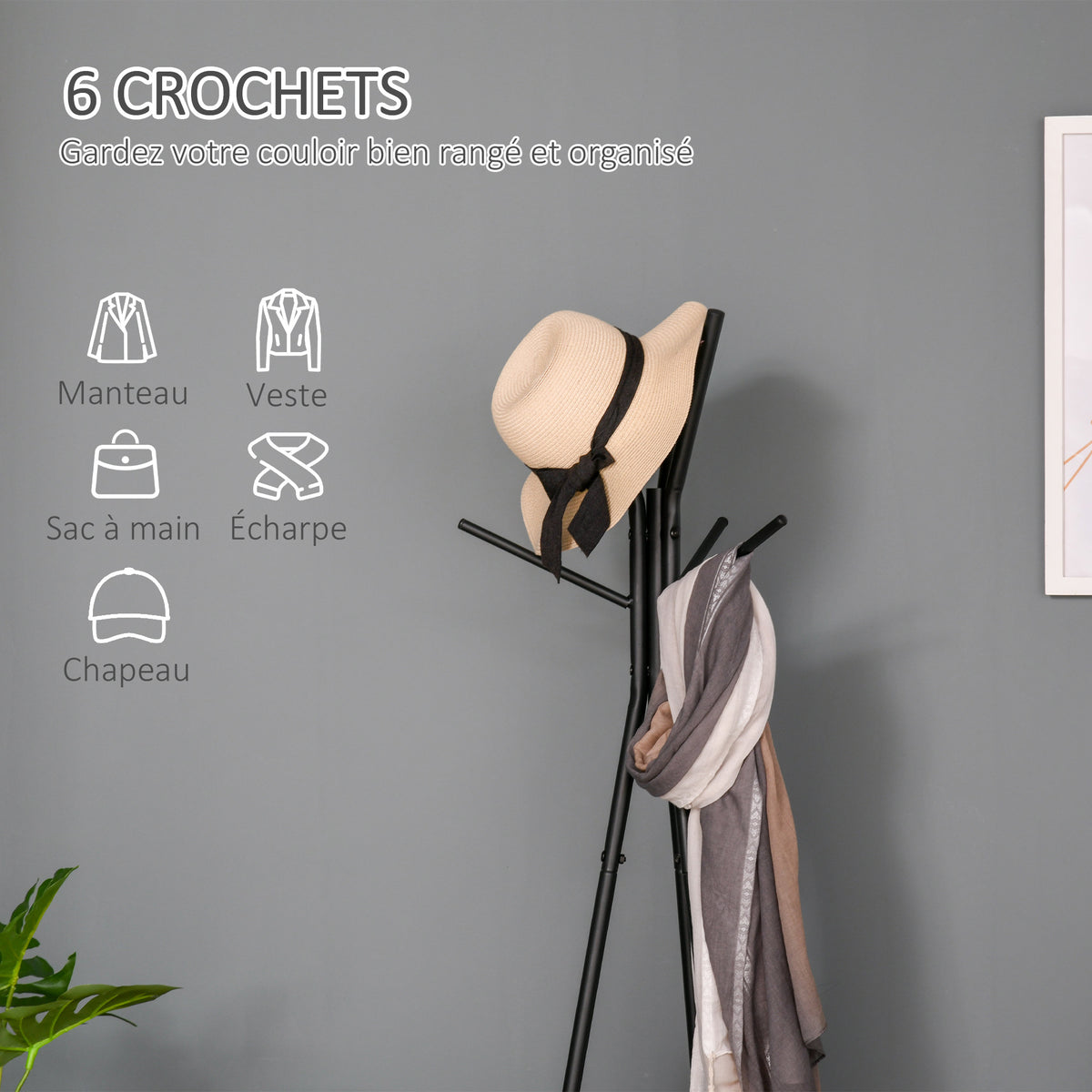 Porte-manteau trépied style industriel branches 2 étagères + 6 patères dim. 52L x 46l x 182H cm métal noir-3