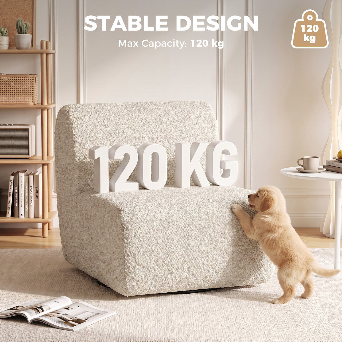 Fauteuil de salon pivotant 360°, canapé 1 place rembourré en chenille avec assise extra-large, rembourrage épais, beige-7