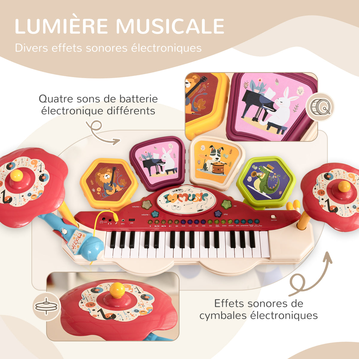 Ensemble de musique 2 en 1 pour enfant piano et batterie électronique avec micro et tabouret-7