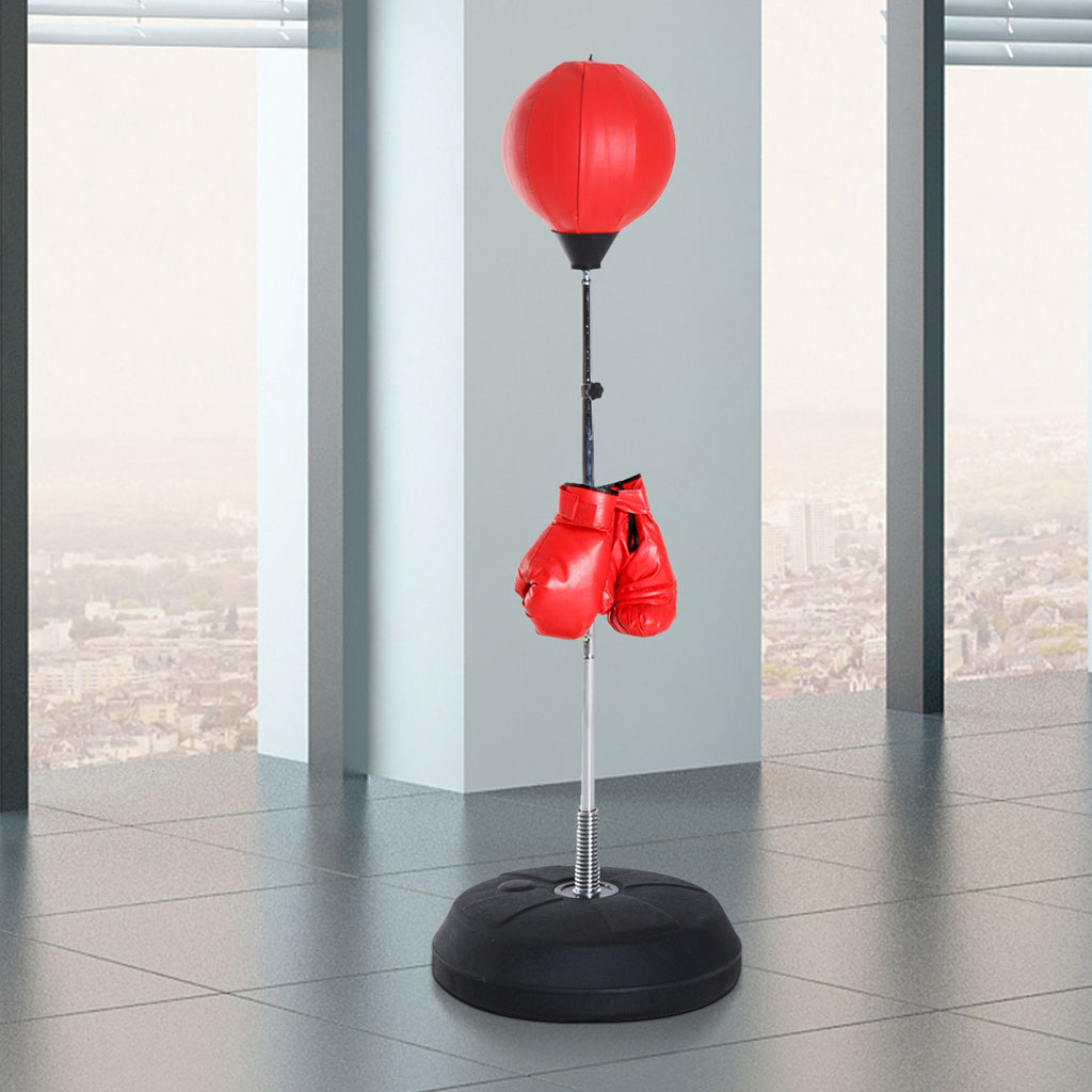 Sac de Frappe sur Pied Punching ball sur pied réglable en hauteur 126-144 cm avec gants, pompe et base de lestage pour adolescents et débutants rouge-9