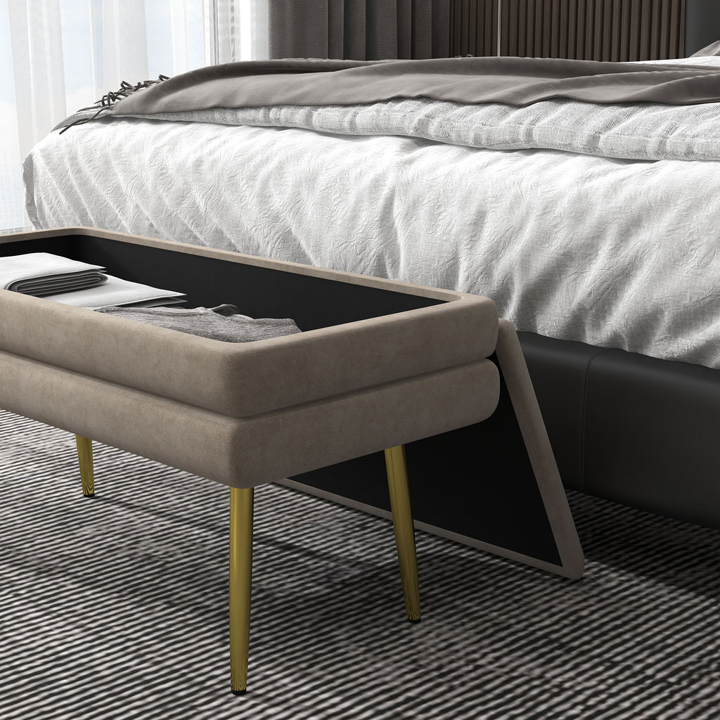 Banc banquette coffre de rangement 2 en 1 assise aspect velours et pieds acier - 79,5L x 37,5P x 43H cm beige et doré-8