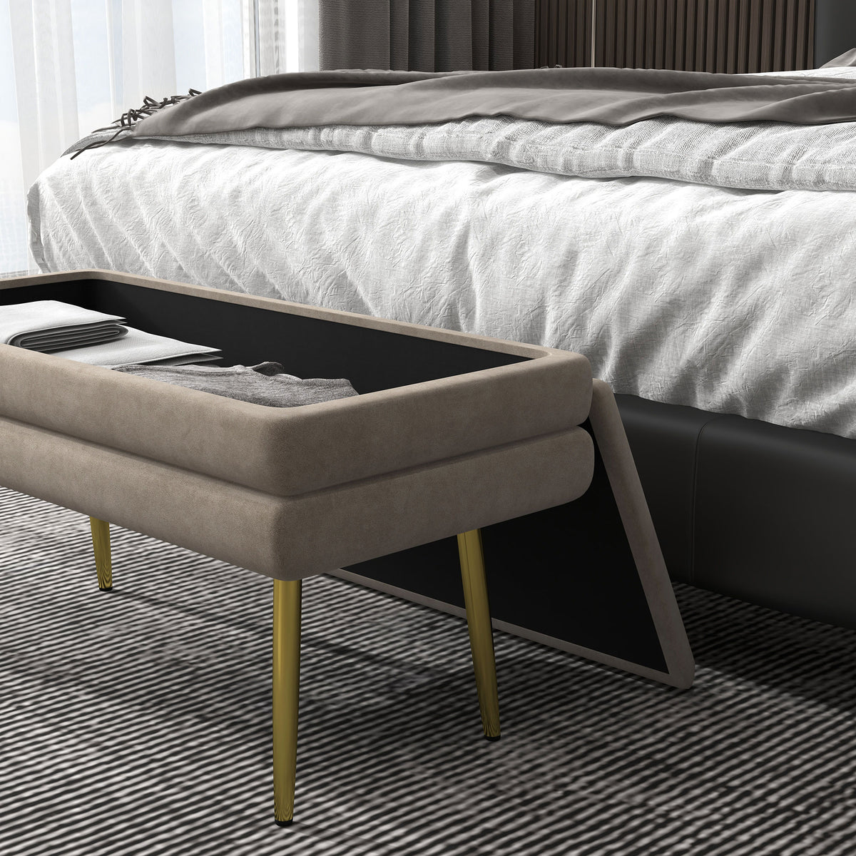 Banc banquette coffre de rangement 2 en 1 assise aspect velours et pieds acier - 79,5L x 37,5P x 43H cm beige et doré-8