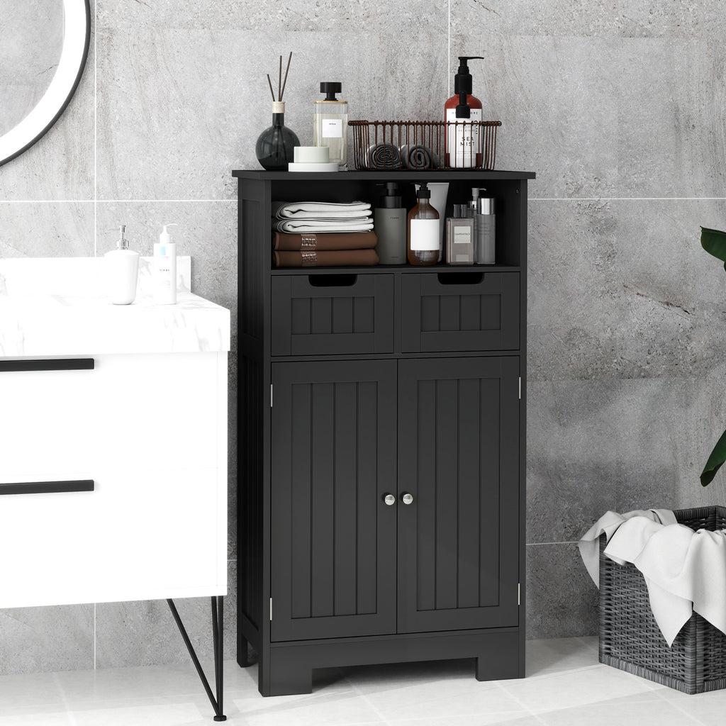 Meuble Bas de Salle de Bain Multi-rangements Grande Niche 2 tiroirs Placard Double Porte avec étagère Noir-9