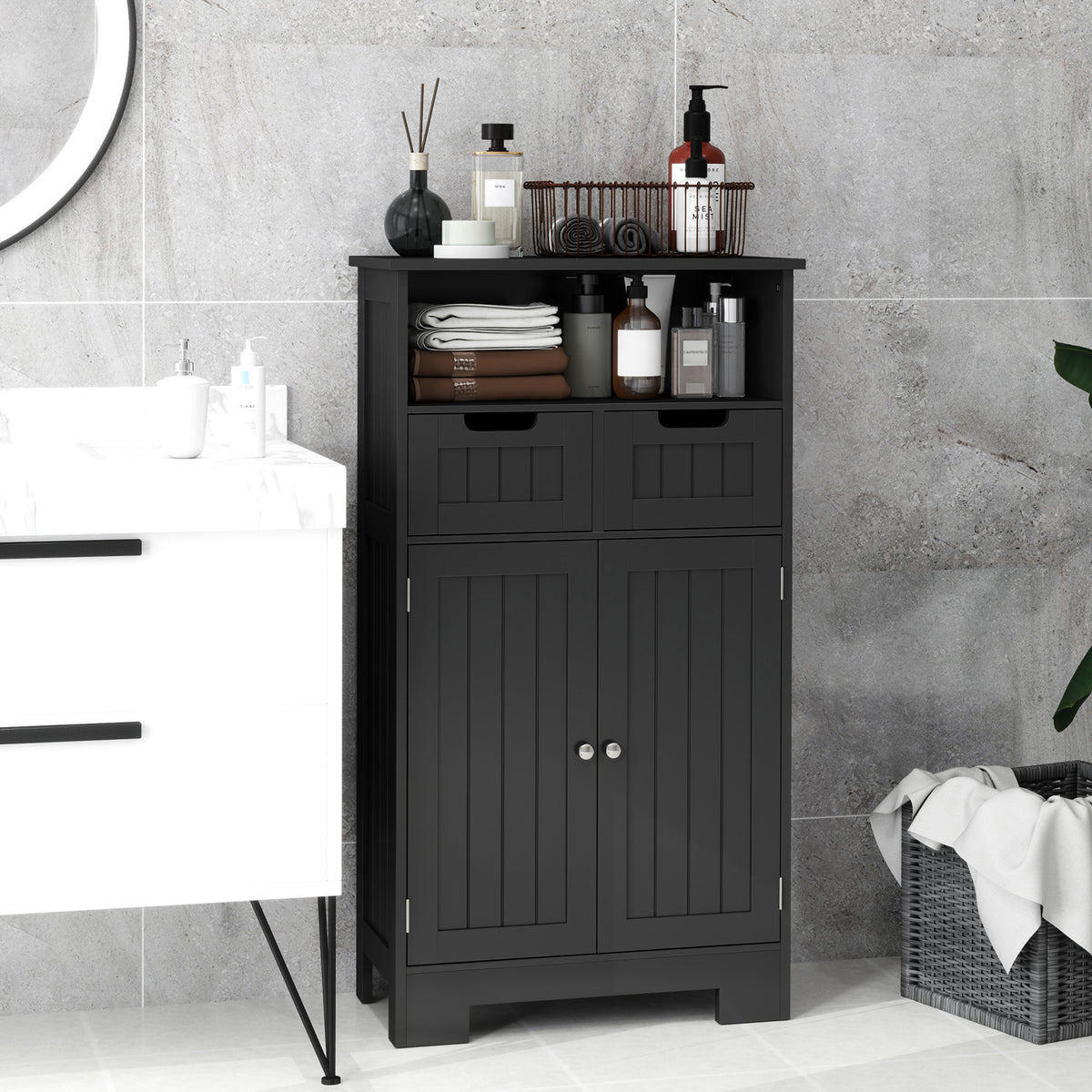 Meuble Bas de Salle de Bain Multi-rangements Grande Niche 2 tiroirs Placard Double Porte avec étagère Noir-9