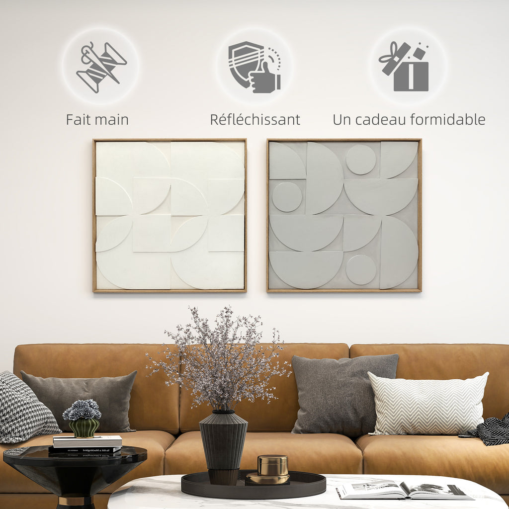Lot de 2 tableaux abstraits 3D, décoration murale en bois géométrique, pour salon, chambre, bureau, 80 x 80 cm, blanc-5