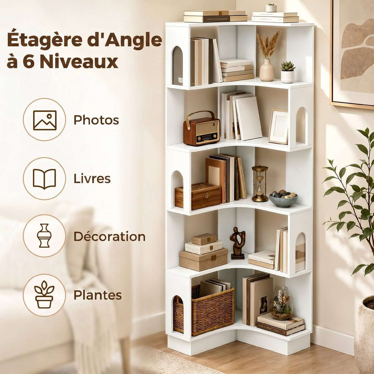Bibliothèque d'angle, étagère de rangement à 6 niveaux avec panneaux latéraux arqués, 60 x 60 x 165,5 cm, blanc-3