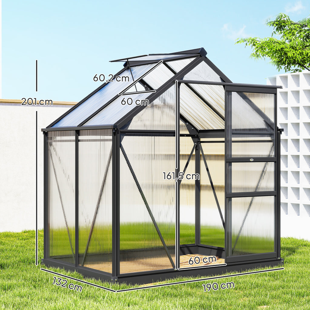 Serre de jardin polycarbonate 190 x 132 x 201 cm résistant aux UV 30+ fondation renforcé gouttière gris-2