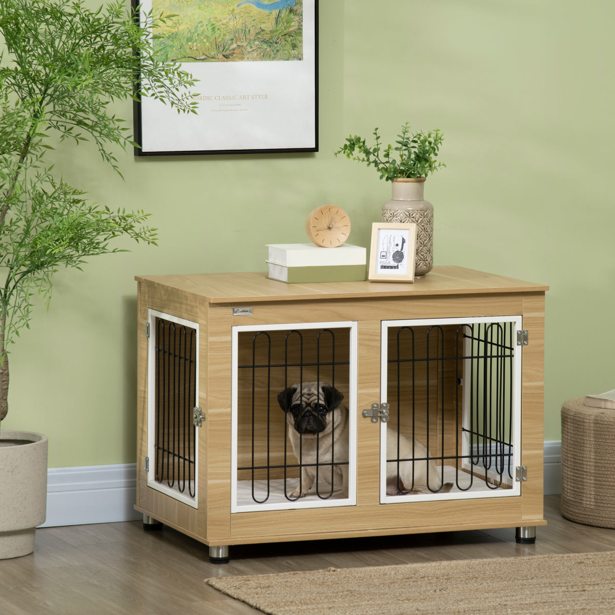 Cage pour chien animaux cage de chien sur pied avec coussin amovible acier aspect bois 90 x 58 x 65 cm-1