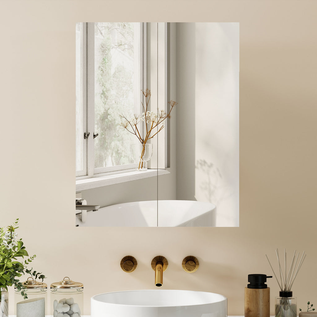 Armoire avec Miroir en Bois Rangement Salle de Bain Fermeture Porte Tampon MDF-1