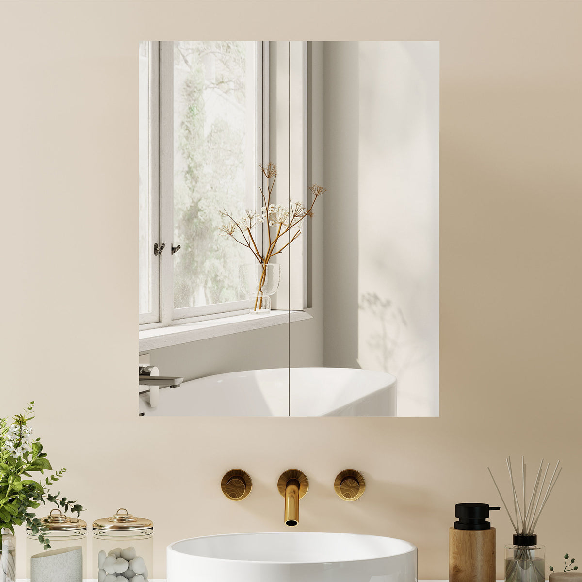 Armoire avec Miroir en Bois Rangement Salle de Bain Fermeture Porte Tampon MDF-1