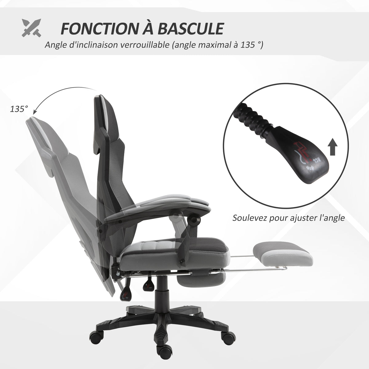 Chaise de bureau fauteuil gaming hauteur réglable dossier roulettes pivotantes repose-pied tissu en maille 58L x 63l x 112-122H cm gris noir-4