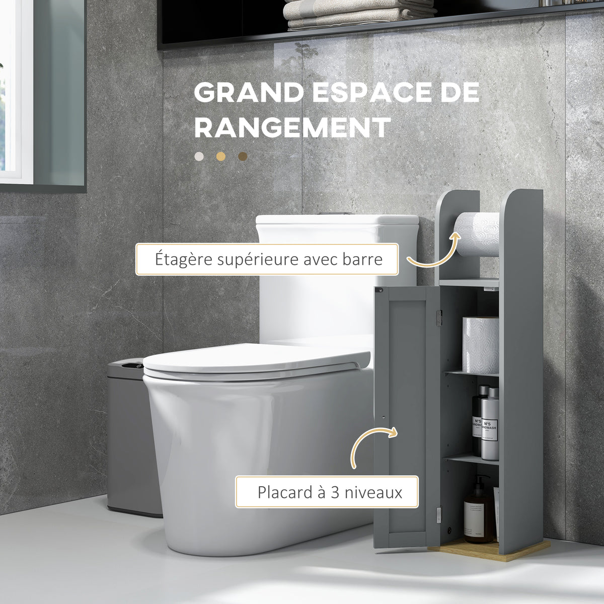 Meuble de salle de bain support papier toilette avec placard et étagères réglables 20 x 20 x 80 cm gris-3