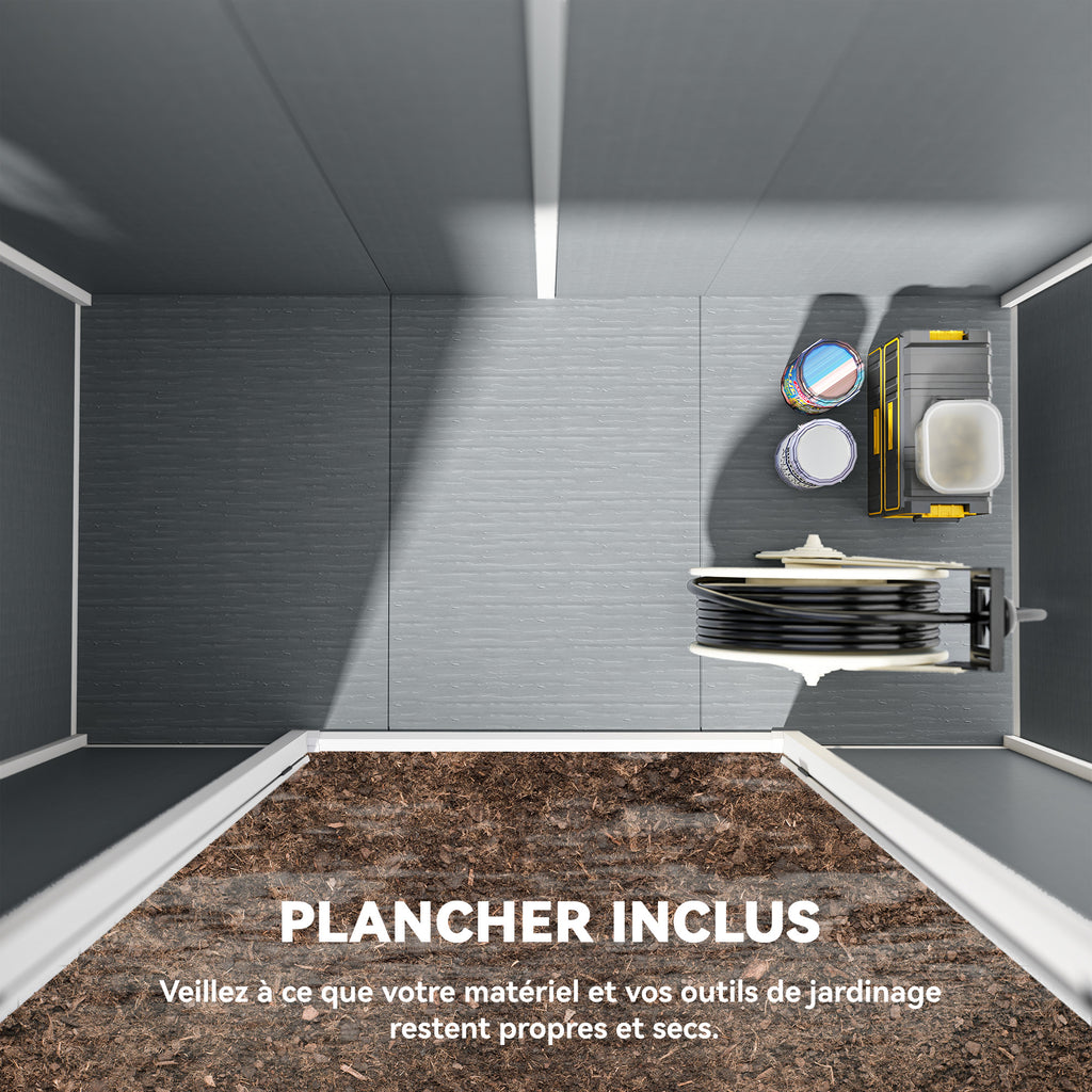 Abri de jardin extérieur 2,4 x 1,3 m, en résine avec plancher, fenêtre, portes verrouillables et aérations, gris-5