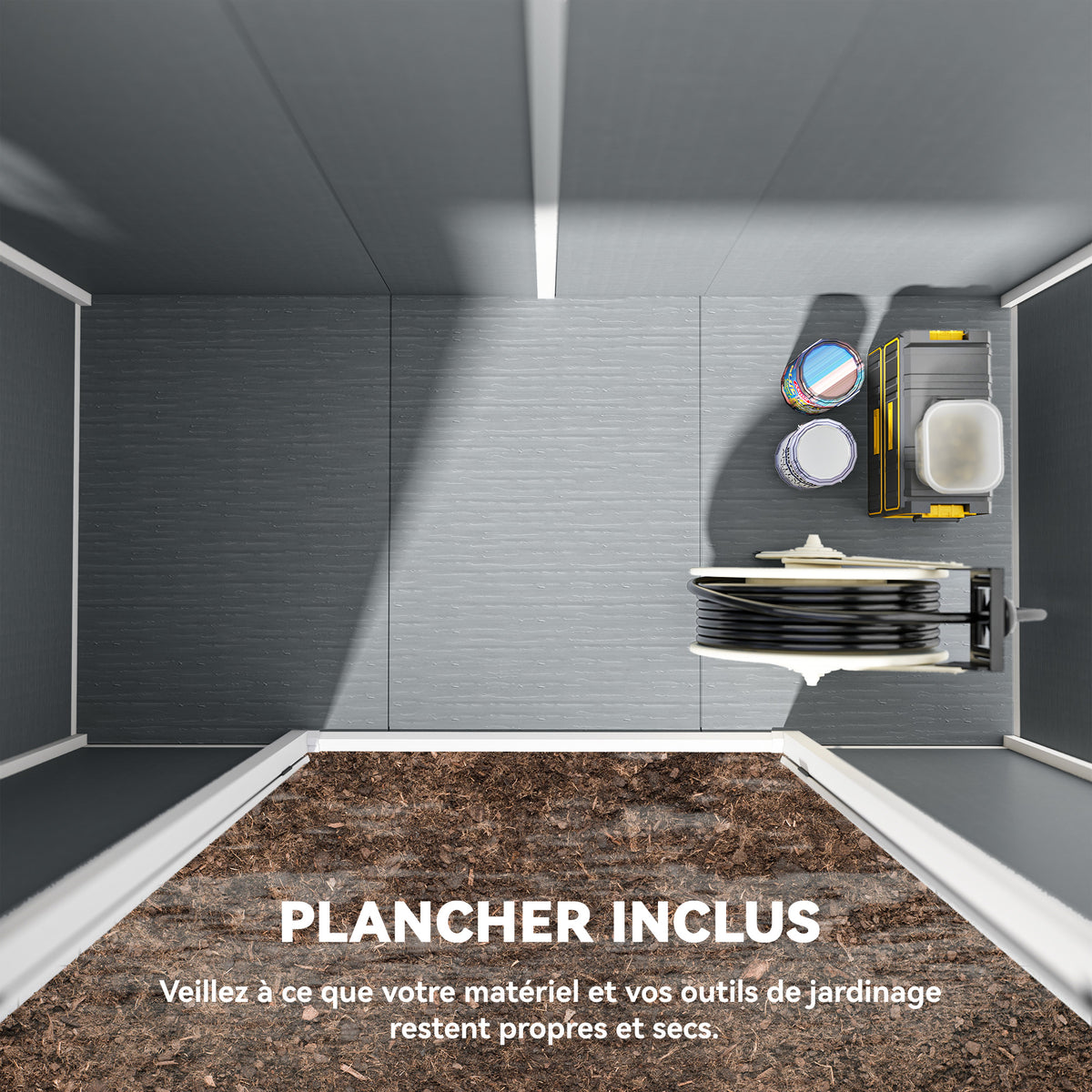 Abri de jardin extérieur 2,4 x 1,3 m, en résine avec plancher, fenêtre, portes verrouillables et aérations, gris-5