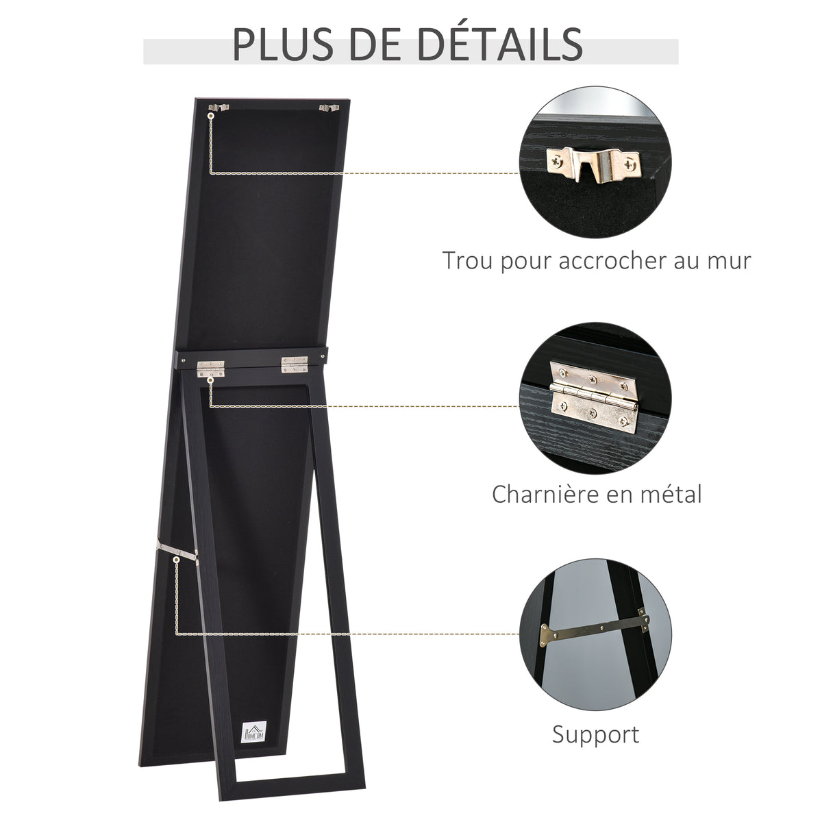 Miroir sur Pied et Mural Rectangulaire, Miroir de Sol Pleine Longueur pour Dressing, Chambre, Salon, 37 x 37 x 154 cm, Noir-7
