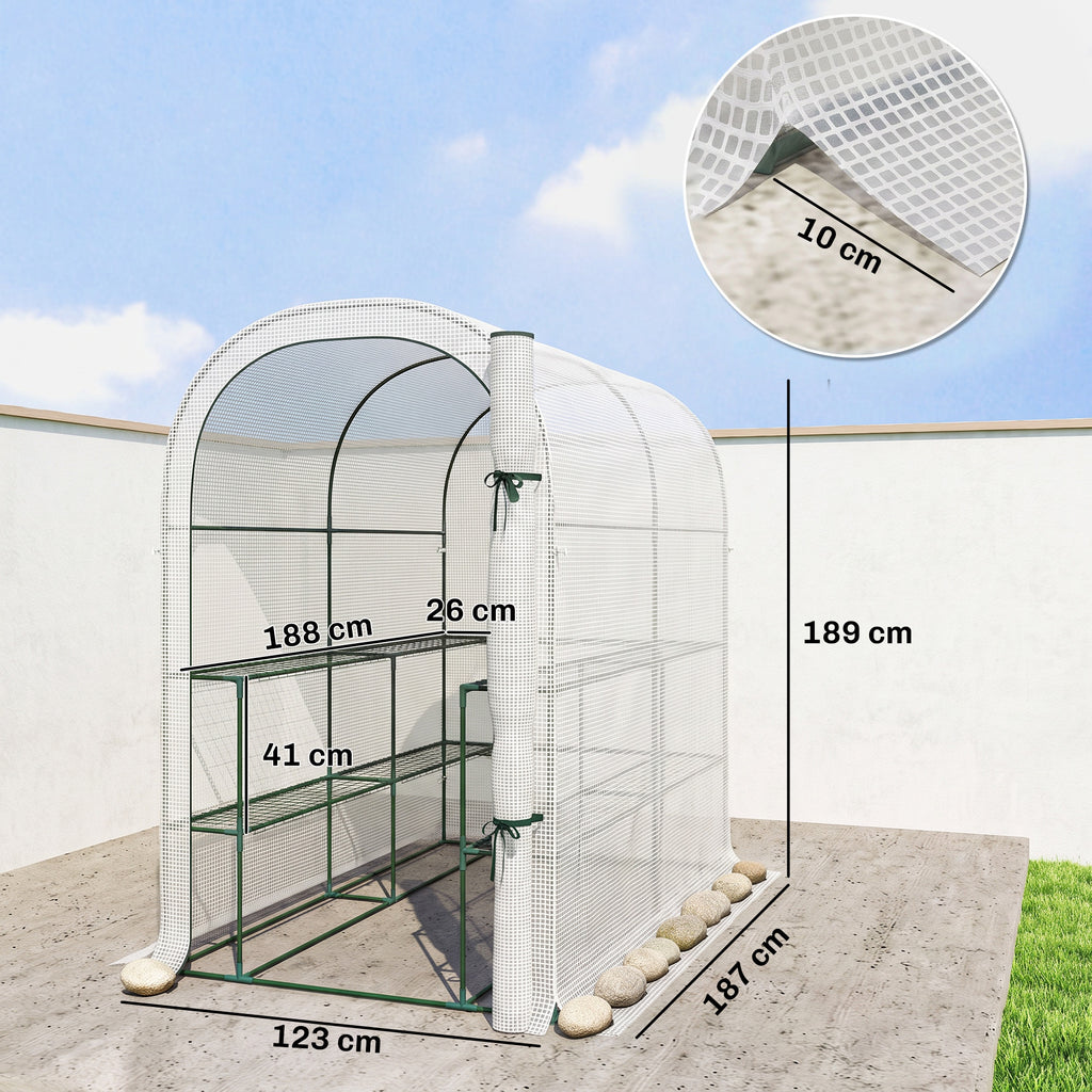 Serre de jardin avec étagères, 123x187x189cm, petite serre avec porte enroulable, bâche PE haute densité 140 g/m², blanc-2
