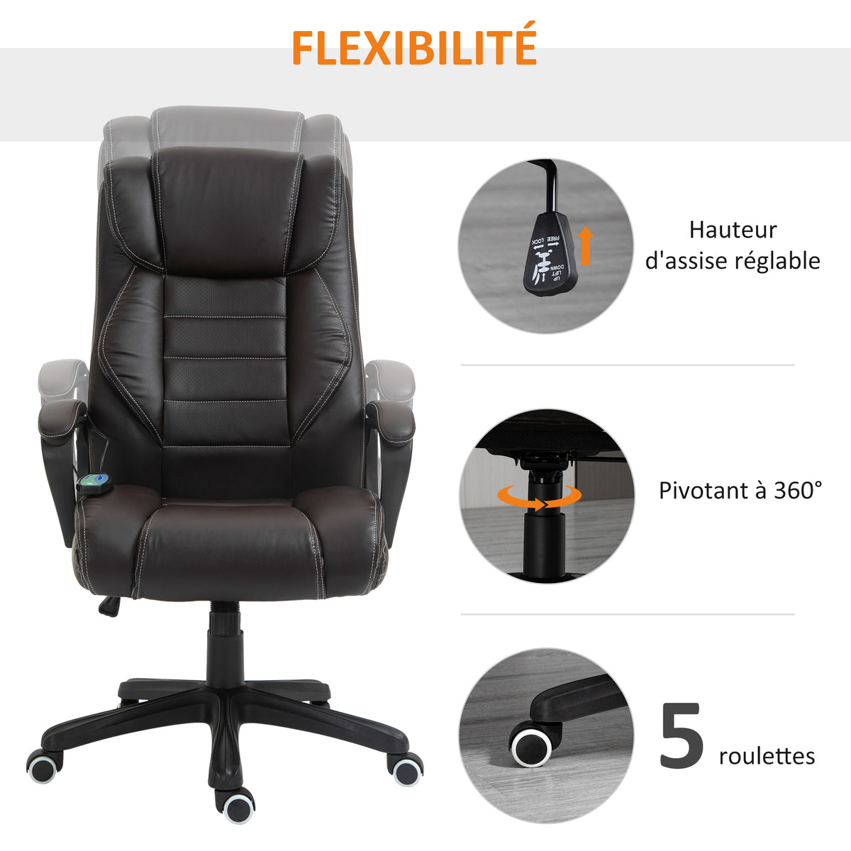 Fauteuil de bureau massant  fauteuil bureau ergonomique grand confort hauteur réglable fonction dossier à bascule revêtement synthétique brun-4