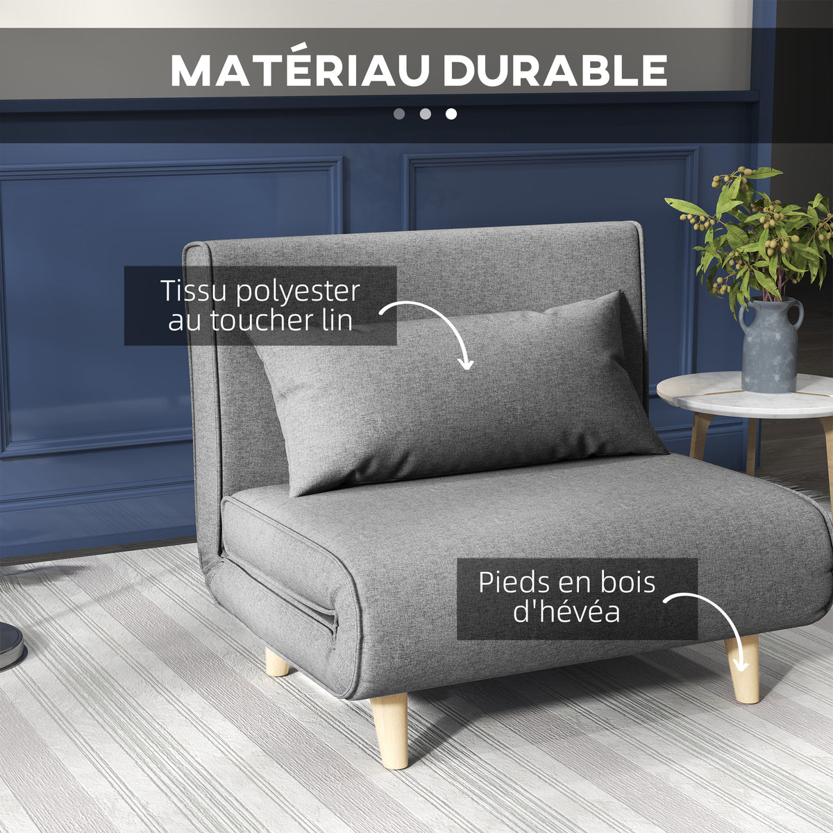 Fauteuil convertible 1 place, fauteuil-lit chauffeuse 3 en 1, dossier réglable, oreiller, tissu en lin, 94x78x80cm, gris-4