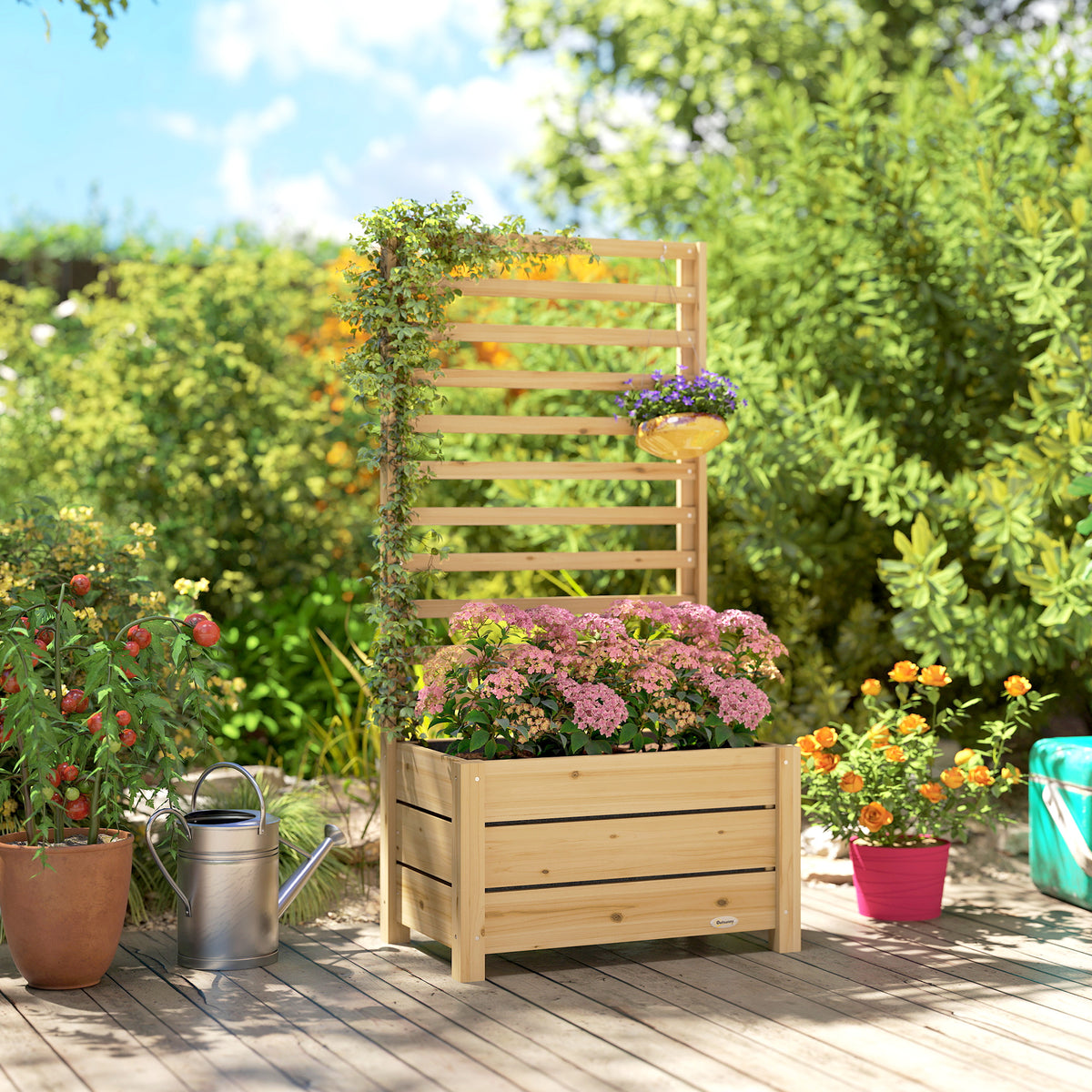 Jardinière avec treillis, bac à fleurs avec brise-vue, trou de drainage et doublure intérieure, 60 x 39 x 120 cm, bois naturel-9