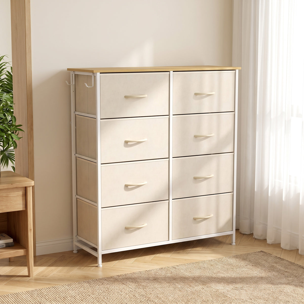 Commode 8 Tiroirs en Tissu, Meuble de Rangement avec 4 Poches, 2 Crochets, Structure en Acier, 80 x 30 x 94,5 cm, Beige-1