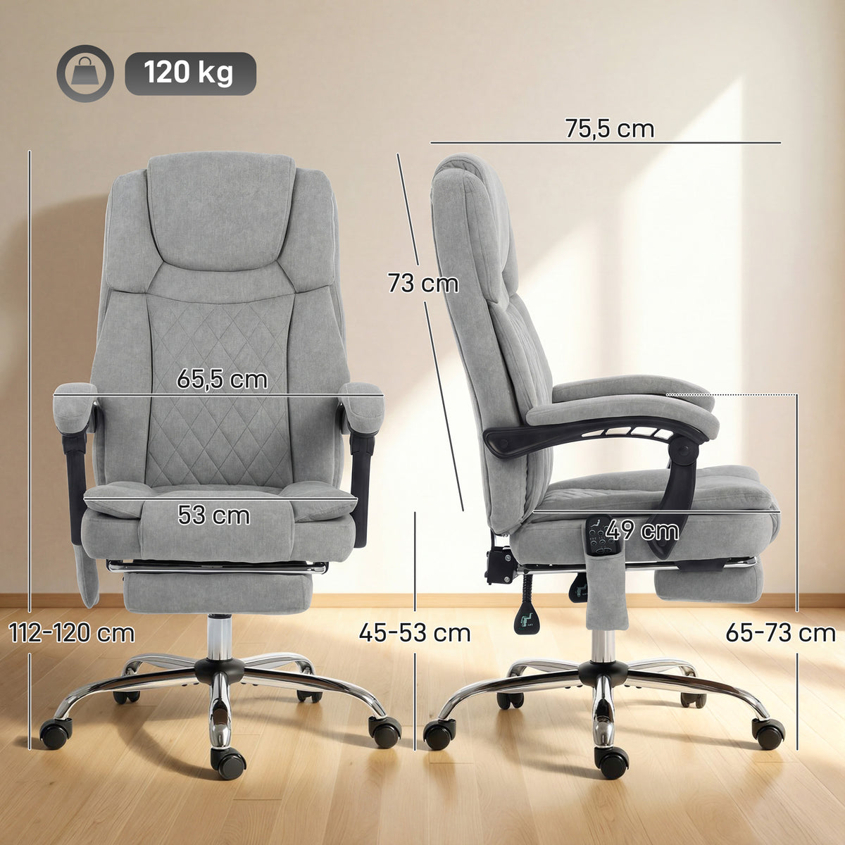 Fauteuil Bureau Massant Vibrant et Chauffant, Chaise Bureau Ergonomique en Velours Imprimé, Dossier Inclinable, Gris-2