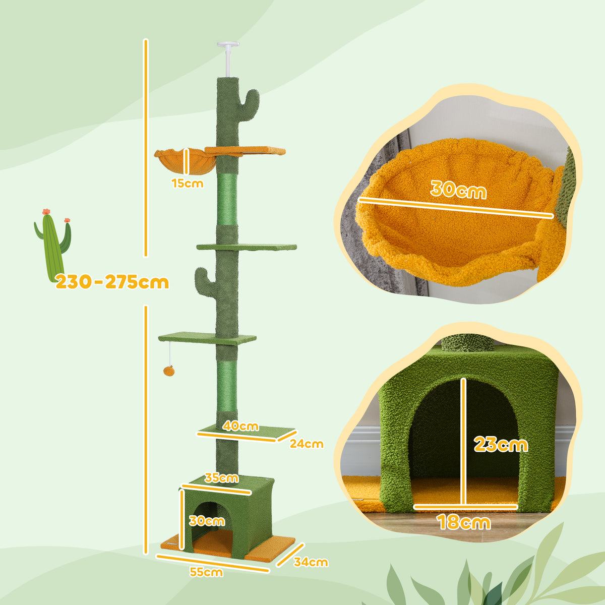 Arbre à chat, hauteur 275cm, 6 niveaux pour chat d'intérieur, du sol au plafond, avec plate-formes, niche, hamac, vert-2