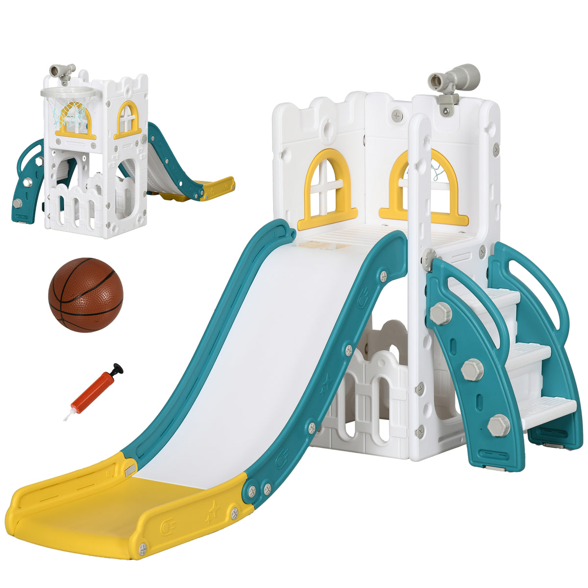Toboggan pour enfants 5 en 1 avec panier de basket escalade télescope espace de rangement 70 x 177 x 92 cm jaune-0